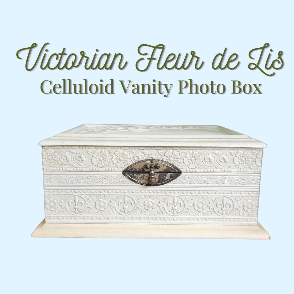 Victorian Celluloid Box | French Blue Silk | Emboss Fleur de lis Photos Jewelry